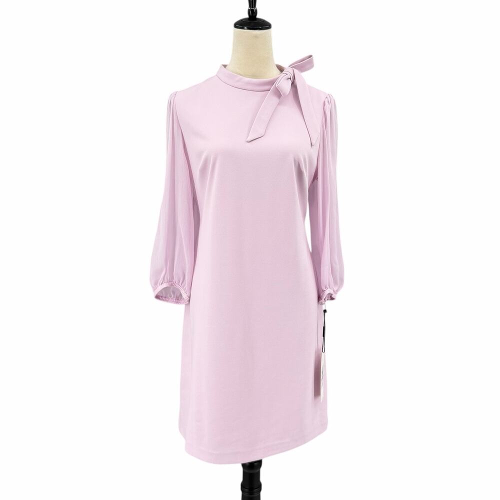 Calvin Klein NWT Lilac Purple Tie Neck 3/4 Sheer Puff Sleeve Solid Sheath Dress